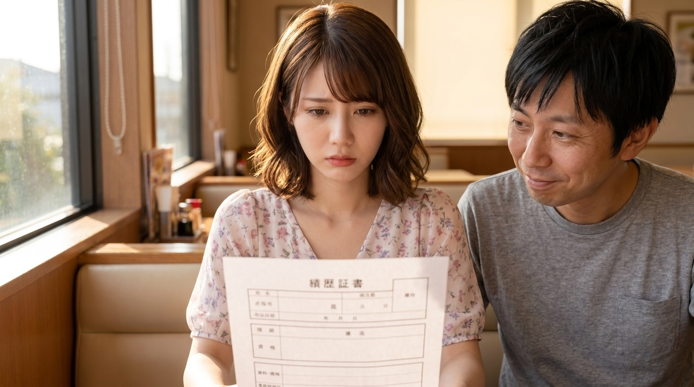アイキャッチ／履歴書の資格欄を前に固まる美咲＋タイトル文字