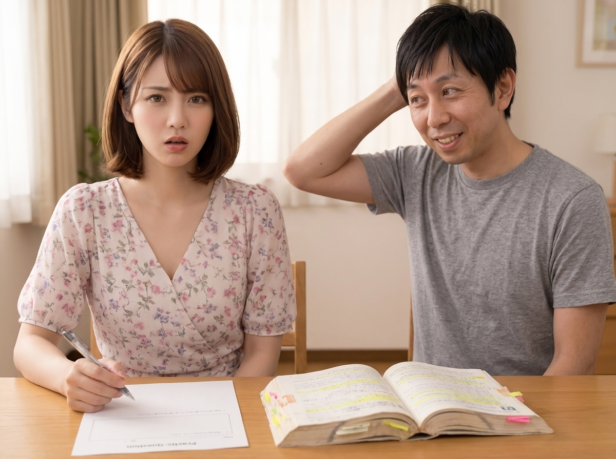 比喩イラスト／参考書を3周した達成感の美咲、なのに過去問が解けず固まる