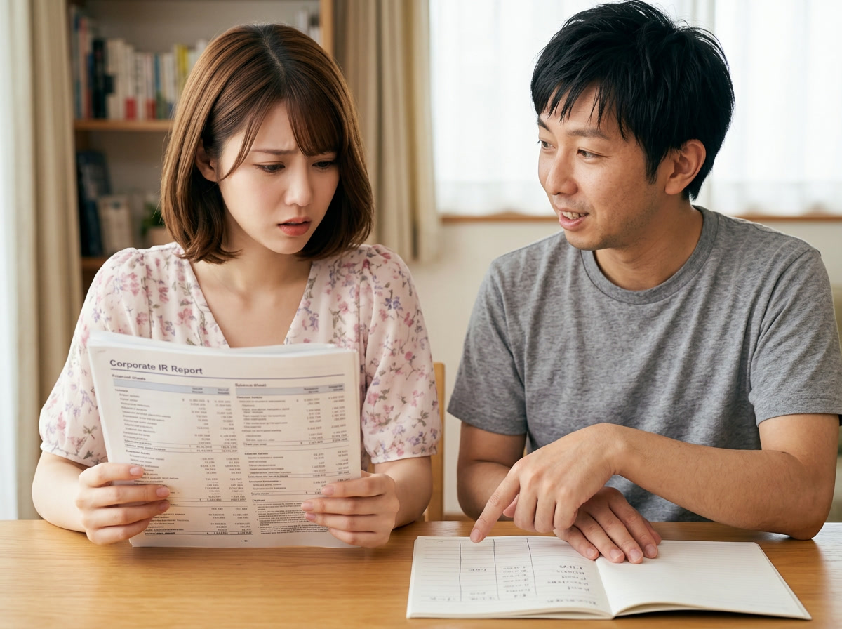 比喩イラスト／企業のIR資料を前に固まる美咲、家計簿に例えて説明する拓也