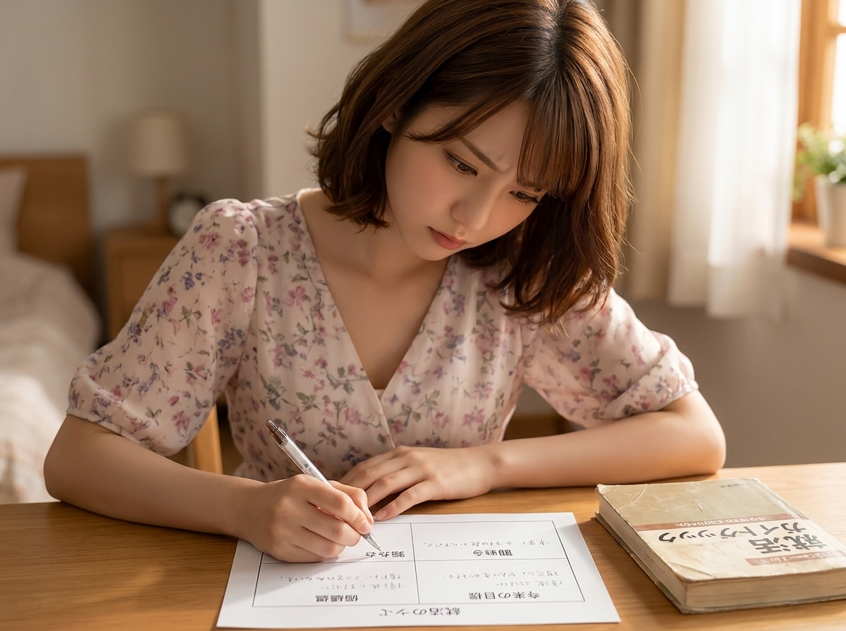 比喩イラスト／就活の自己分析ワークシートに「強み・弱み・機会・脅威」と書く美咲
