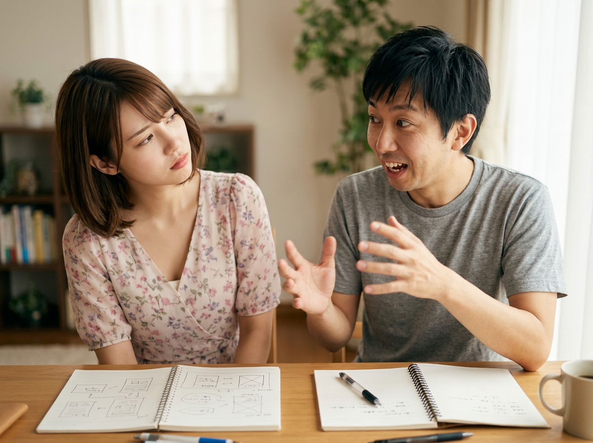 比喩イラスト／「MOTって空港の？」と的外れな美咲、早口オタクモードの拓也