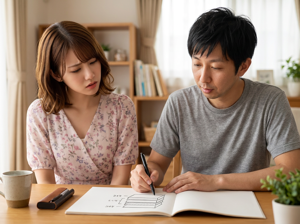 比喩イラスト／「経営戦略の話と何が違うの」と首をかしげる美咲を、レイヤー図で整理する拓也