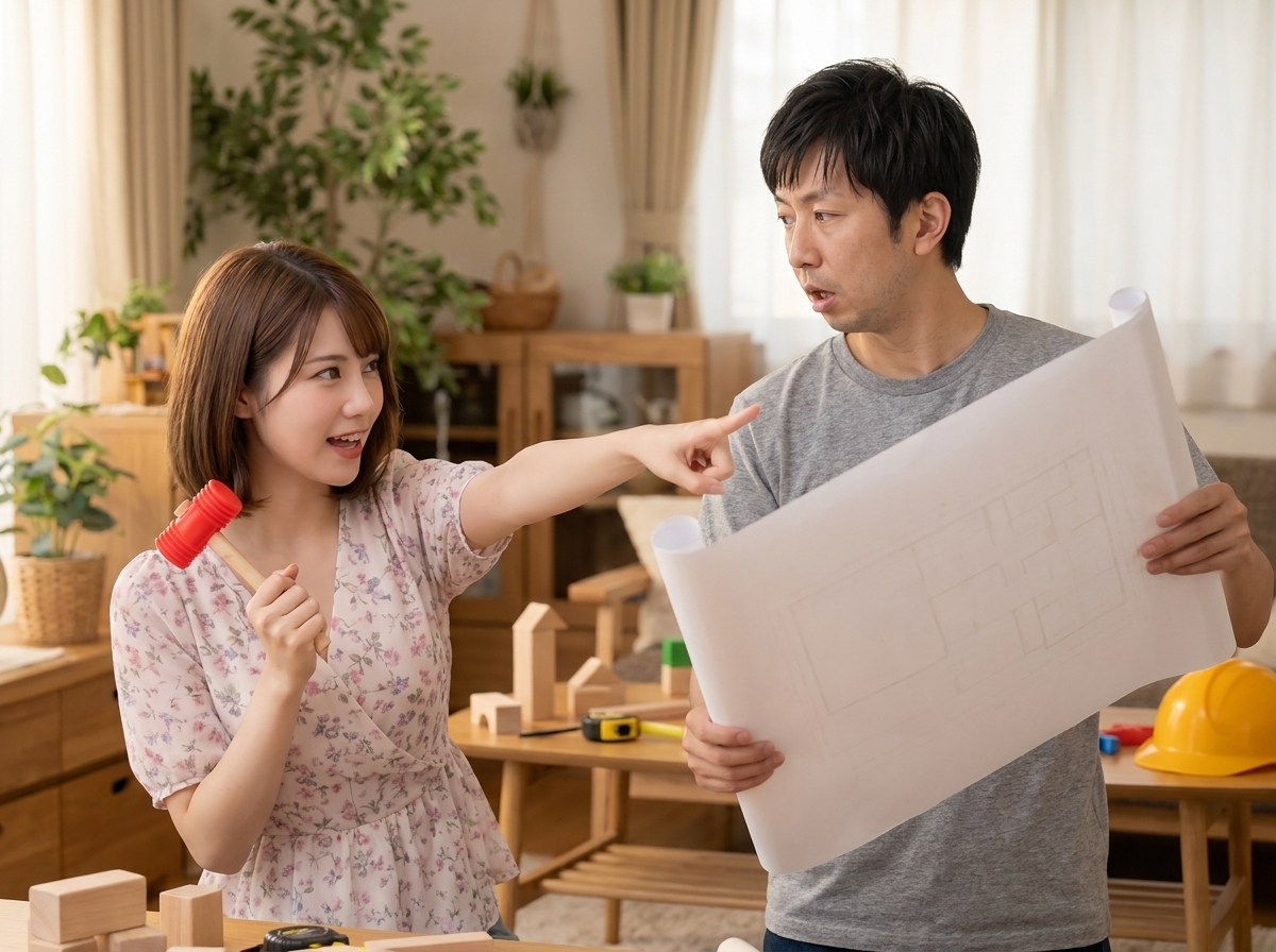 比喩イラスト／設計図なしにいきなり工事を始めようとする美咲を止める拓也（家を建てる比喩）