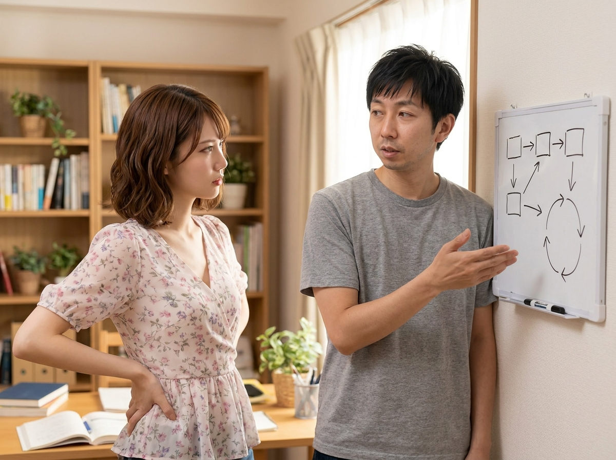 比喩イラスト／「アジャイルこそ正義でしょ」と言い切る美咲に、ホワイトボードで説明する拓也