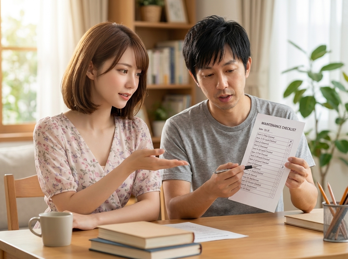 比喩イラスト／「完成したら終わりでしょ」という美咲に、定期点検表を見せる拓也