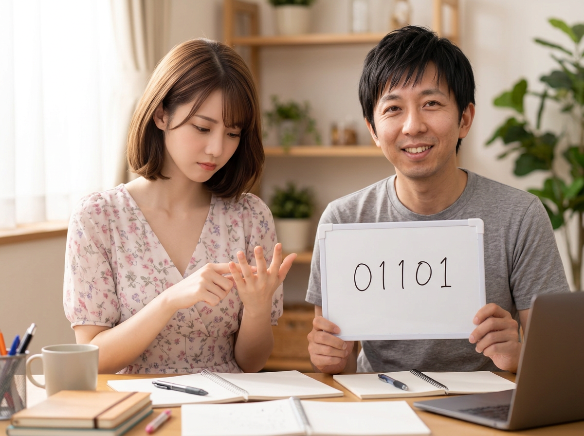比喩イラスト／指折り数える美咲の隣で、電卓の代わりに0と1で数える拓也