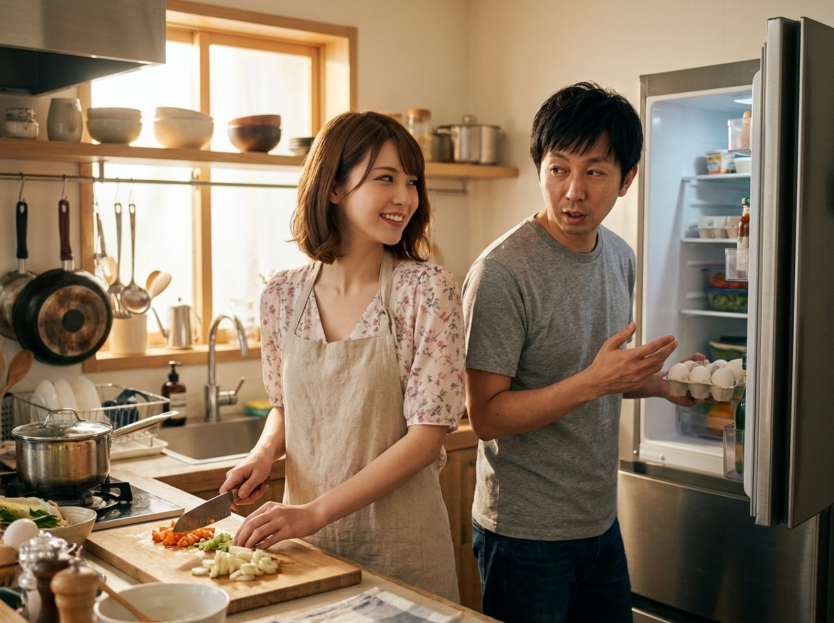 比喩イラスト／まな板（メモリ）で調理し、冷蔵庫（ストレージ）から食材を出す美咲と拓也
