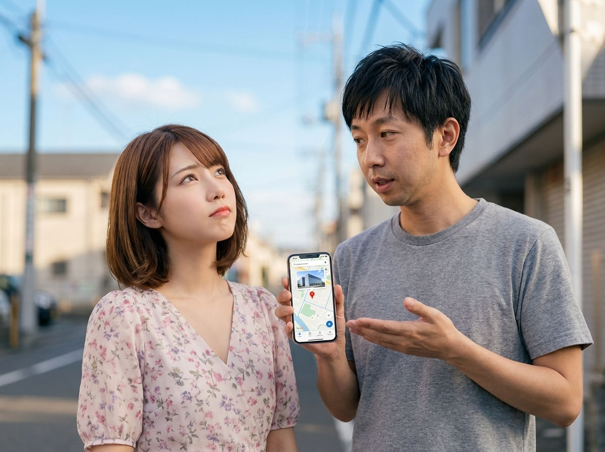 比喩イラスト／「クラウドって雲の上？」と空を見上げる美咲、地図でデータセンターを示す拓也