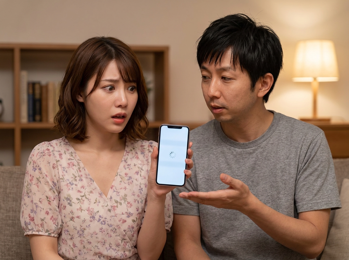 比喩イラスト／スマホがフリーズして慌てる美咲、マンション管理人に例えて説明する拓也
