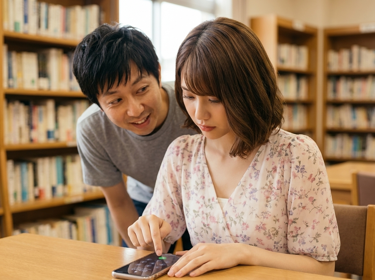 比喩イラスト／図書館でパスワード入力中の美咲を、わざと覗き込む拓也